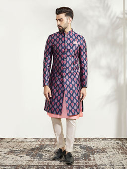 KISAH - Men Blue Kurta Sherwani Trouser Set (Set of 3)