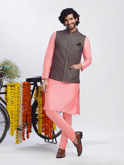 KISAH - Men Black Kurta Jacket Churidar Set (Set of 3)