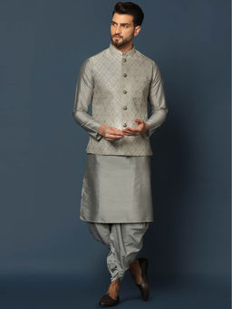 KISAH - Men Grey Kurta Jacket Dhoti Set (Set of 3)