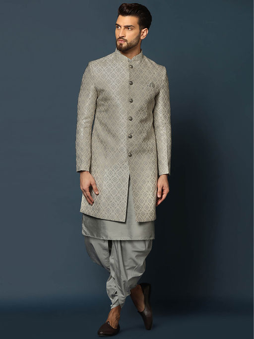 KISAH Men Grey Kurta Sherwani Dhoti Pant (Set of 3)
