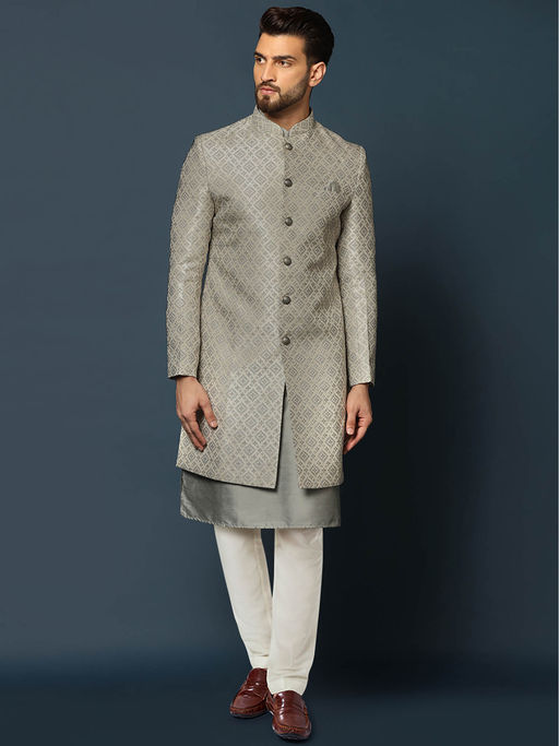 KISAH Men Grey Kurta Sherwani Trouser (Set of 3)