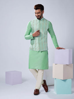 KISAH - Men Green Kurta Jacket Trouser Set (Set of 3)
