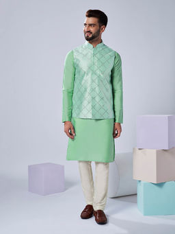 KISAH - Men Green Kurta Jacket Trouser Set (Set of 3)