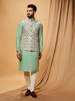 KISAH - Men Off White Kurta Jacket Churidar Set (Set of 3)