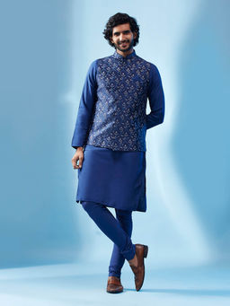KISAH - Men Navy Blue Kurta Jacket Churidar Set (Set of 3)