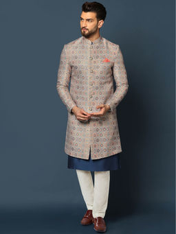 KISAH - Men Grey Kurta Sherwani Trouser Set (Set of 3)