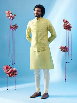 KISAH - Men Green Kurta Jacket Churidar Set (Set of 3)