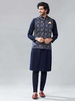KISAH - Men Navy Blue Kurta Jacket Trouser Set (Set of 3)