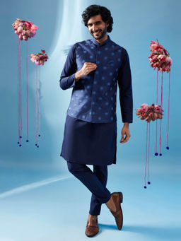 KISAH - Men Navy Blue Kurta Jacket Trouser Set (Set of 3)