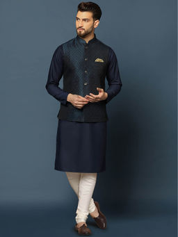 KISAH - Men Navy Blue Embellished Silk Blend Jacquard Kurta Jacket Churidar Set with Geometric Pattern