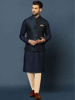 KISAH - Men Blue Kurta Jacket Trouser (Set of 3)