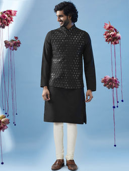 KISAH - Men Blue Kurta Jacket Churidar Set (Set of 3)