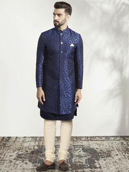 KISAH - Men Blue Kurta Sherwani Churidar Set (Set of 3)