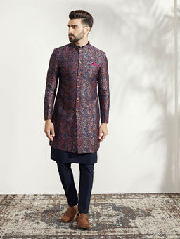 KISAH - Men Multi Coloured Silk Blend Jacquard Kurta Indowestern Sherwani Trouser Set with Abstract Print