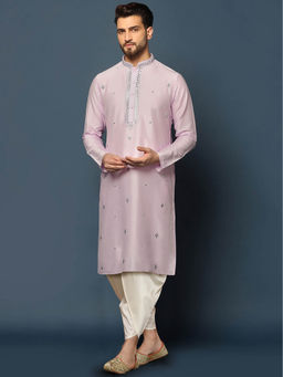 KISAH - Men Lilac Mirror Work Embroidery Cotton Blend Kurta Dhoti Set with Abstract Print