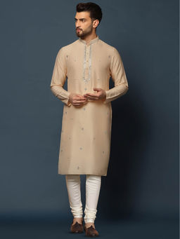 KISAH - Men Peach Mirror Work Embroidery Cotton Blend Kurta Churidar Set with Abstract Print