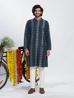 KISAH - Men Navy Blue Kurta Trousers (Set of 2)