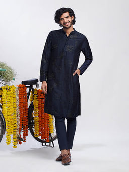 KISAH - Men Navy Blue Kurta Trousers (Set of 2)