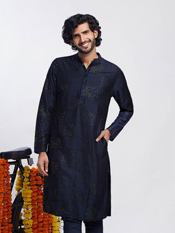 KISAH - Men Navy Blue Solid, Textured Cotton Blend Kurta with Abstract Print