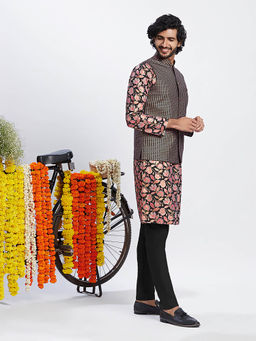 KISAH - Men Black Kurta Jacket Trouser Set (Set of 3)