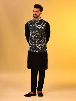 KISAH - Men Black Kurta Jacket Churidar Set (Set of 3)