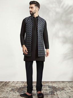 KISAH - Men Black Kurta Jacket Churidar Set (Set of 3)