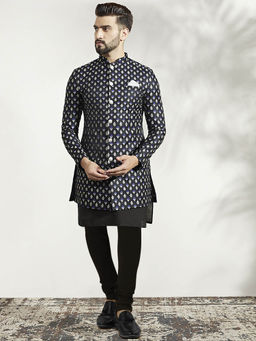 KISAH - Men Black Kurta Sherwani Churidar Set (Set of 3)
