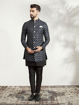 KISAH - Men Black Kurta Sherwani Trouser Set (Set of 3)