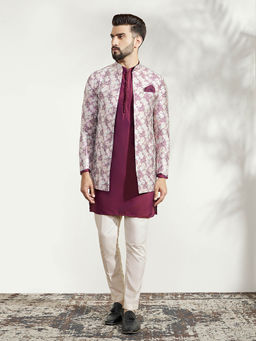 KISAH - Men Magenta Kurta Bandhgala Trouser Set (Set of 3)