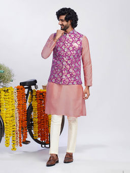 KISAH - Men Pink Kurta Jacket Trouser Set (Set of 3)