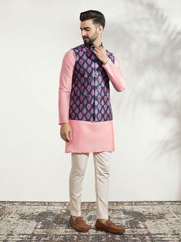 KISAH - Men Blue Kurta Jacket Trouser Set (Set of 3)