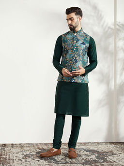 KISAH - Men Blue Kurta Jacket Churidar Set (Set of 3)