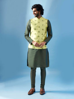KISAH - Men Green Kurta Jacket Churidar Set (Set of 3)