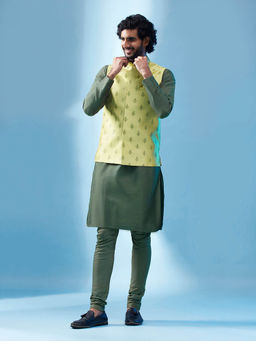 KISAH - Men Green Kurta Jacket Churidar Set (Set of 3)