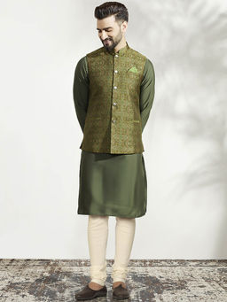 KISAH - Men Olive Kurta Jacket Churidar Set (Set of 3)