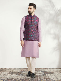 KISAH - Men Multi Coloured Woven Silk Blend Jacquard Kurta Jacket Trouser Set with Abstract Print