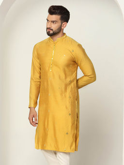 KISAH - Men Mustard Yellow Mirror Work Embroidery Silk Blend Jacquard Kurta with Abstract Print