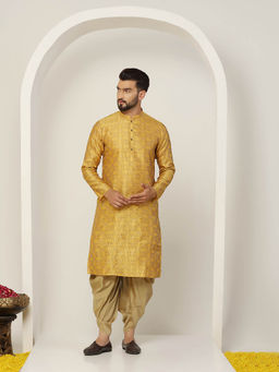KISAH - Men Mustard Yellow Textured Silk Blend Jacquard Kurta Dhoti Set with Abstract Print