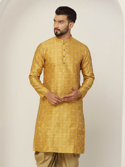 KISAH - Men Mustard Yellow Textured Silk Blend Jacquard Kurta with Abstract Print