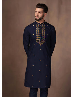 KISAH - Men Navy Blue Embroidery Cotton Blend Kurta with Abstract Print