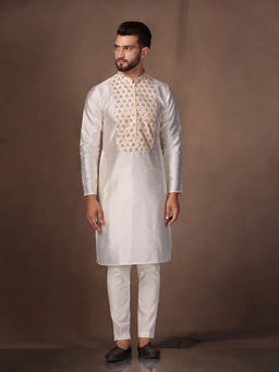 KISAH - Men Multi Coloured Mirror Work Embroidery Silk Blend Kurta Trouser Set with Abstract Print