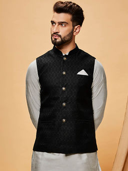 KISAH - Men Black Woven Silk Blend Jacquard Nehru Jacket with Ethnic Motifs