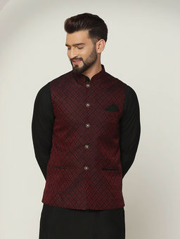 KISAH - Men Maroon Woven Silk Blend Jacquard Nehru Jacket with Zari Design