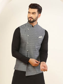 KISAH - Men Grey Asymmetrical Textured Silk Blend Jacquard Nehru Jacket with Zari Design