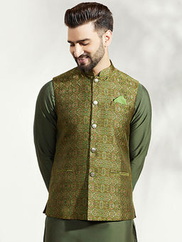 KISAH - Men Olive green Woven Silk Blend Jacquard Nehru Jacket with Zari Design