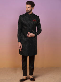 KISAH - Men Black Textured Silk Blend Jacquard Indowestern Sherwani Trouser Set with Zari Design