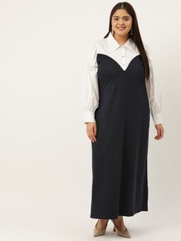 theRebelinme - Plus Size Womens Navy & White Color Block Maxi Dress