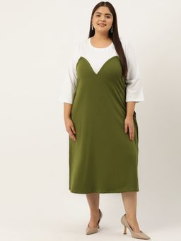 theRebelinme - Plus Size Womens Green & White Color Block Cotton Midi Dress