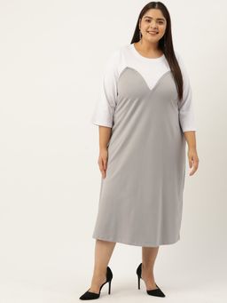 theRebelinme - Plus Size Womens Grey & White Color Block Cotton Midi Dress