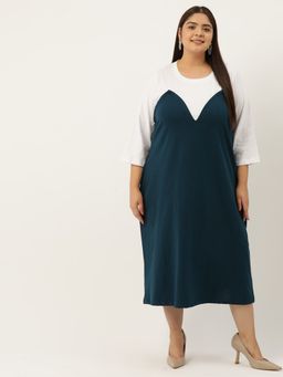 theRebelinme - Plus Size Womens Ink Blue & White Color Block Cotton Midi Dress